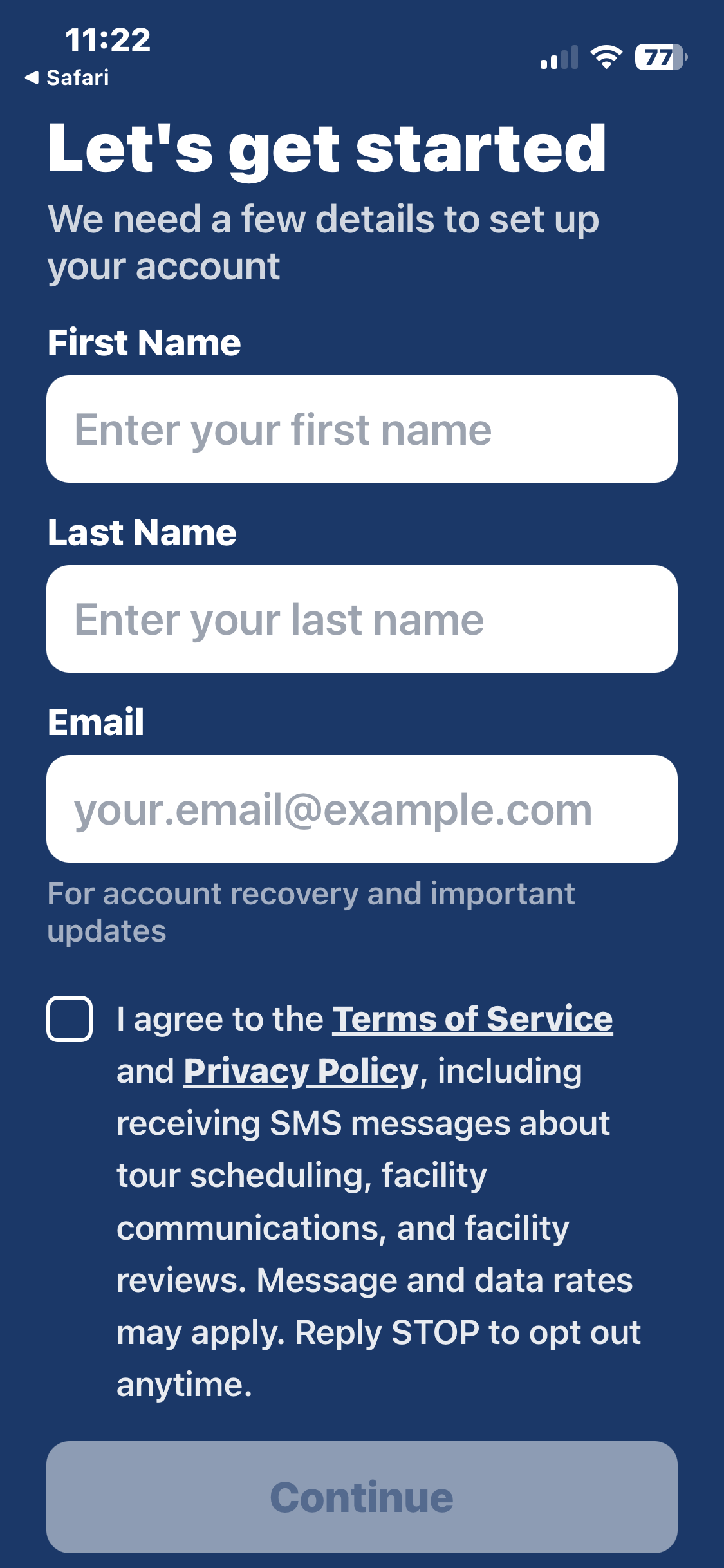 New user enters their name and email address